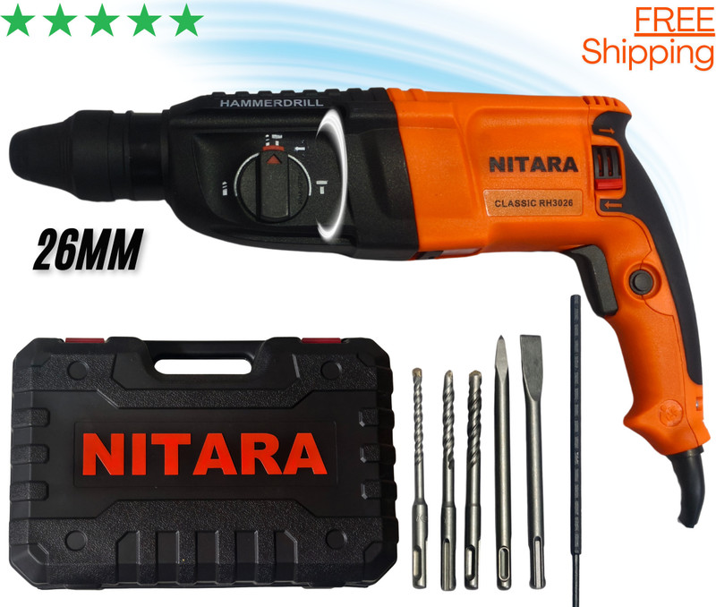 Nitara "Original" 26mm "100% Copper Motor "3-in-1" Multi-Function with 5pcs bits Rotary Hammer Drill machine 26mm 1200W copper wire motor home and professional Rotary Hammer Drill(26 mm Chuck Size, 1200 W)
