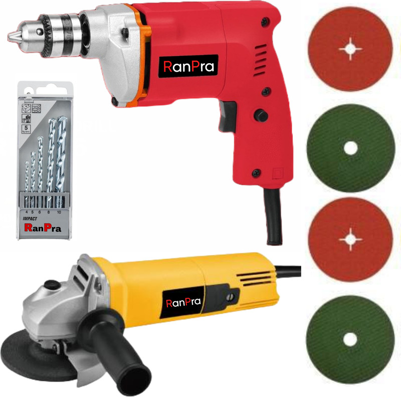 RanPra COMBO OF 1Omm Drill Machine with 5pcs Drill bits and 4useable Blades and 4inch Angle Grinder Hammer Drill(10 mm Chuck Size, 650 W)