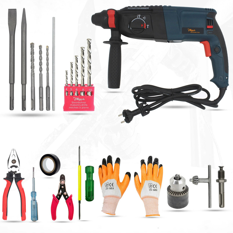 Hillgrove 100% Copper Winding HGCM28M1 Machine with Hand Tool Kit Drill Chunk(13mm),SDS Adapter,5Pcs SDS Plus,5Pcs MasonryBit Set HGCM28M1 Rotary Hammer Drill(26 mm Chuck Size, 1200 W)