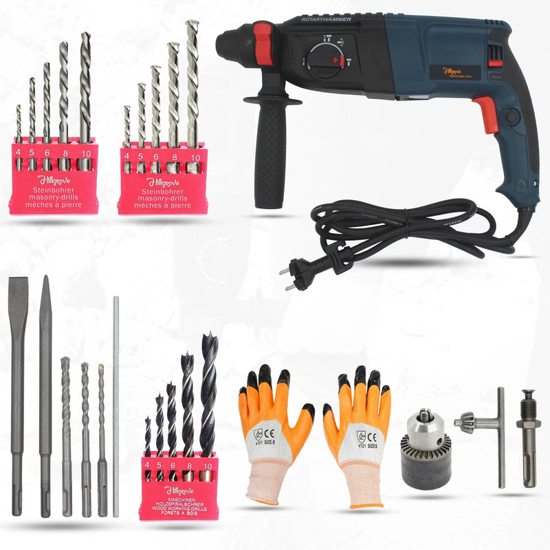 Hillgrove HGCM251M1 26mm Hammer Drill Machine Forward/Reverse Rotation with Drill Chunk SDS Adapter,HSS+Wood+Masonry Bit Set for Making Holes in Metal/Wood/Concrete Rotary Hammer Drill(26 mm Chuck Size, 1200 W)