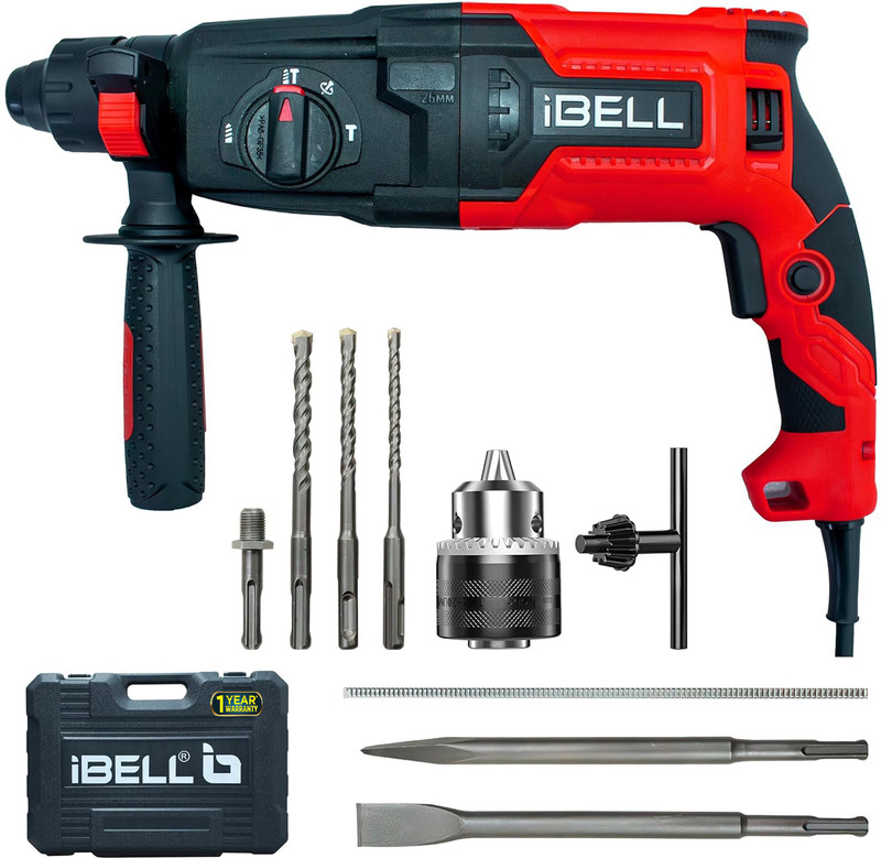 iBELL RH26-82 Rotary Hammer Drill, 850W, 3J Impact Energy, SDS Plus, 0-900 RPM, 4000 BPM, 26mm Concrete, 68mm Masonry, 3.5Kg, 220V~50Hz,Heavy Duty Drill Machine Rotary Hammer Drill(26 mm Chuck Size, 850 W)