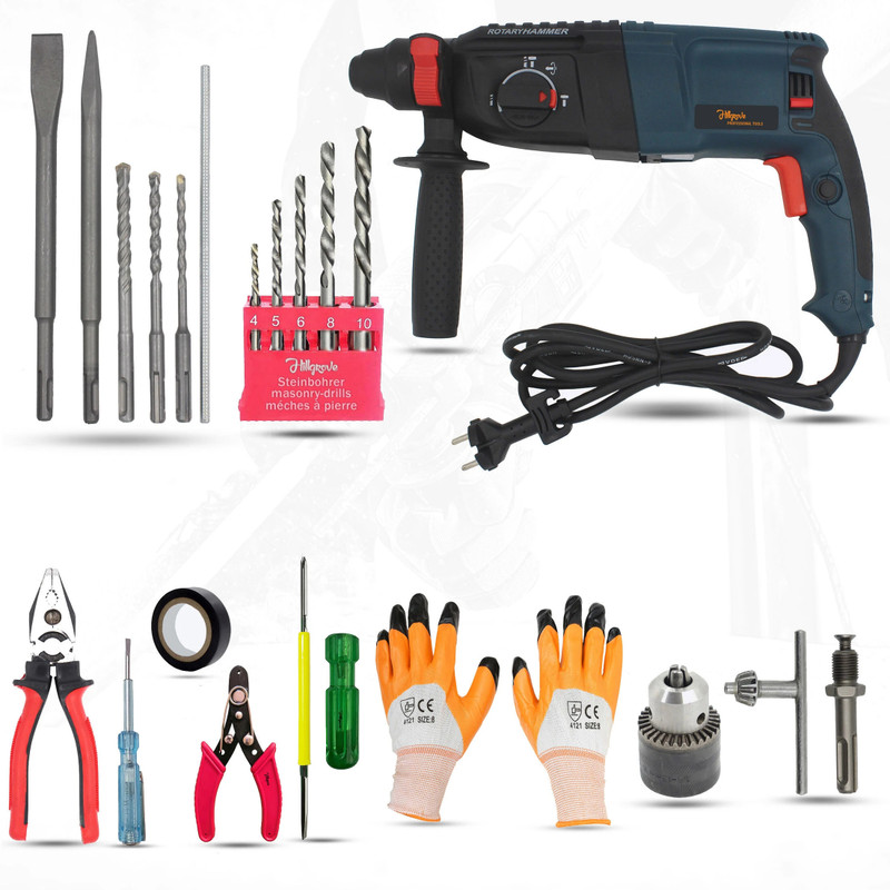Hillgrove 100% Copper Winding HGCM121M Machine with HSS Bits HGCM121M1 Hand Tools, Drill Chunk 13mm for Making Holes in Metal/Wood/Concrete Rotary Hammer Drill(26 mm Chuck Size, 1200 W)