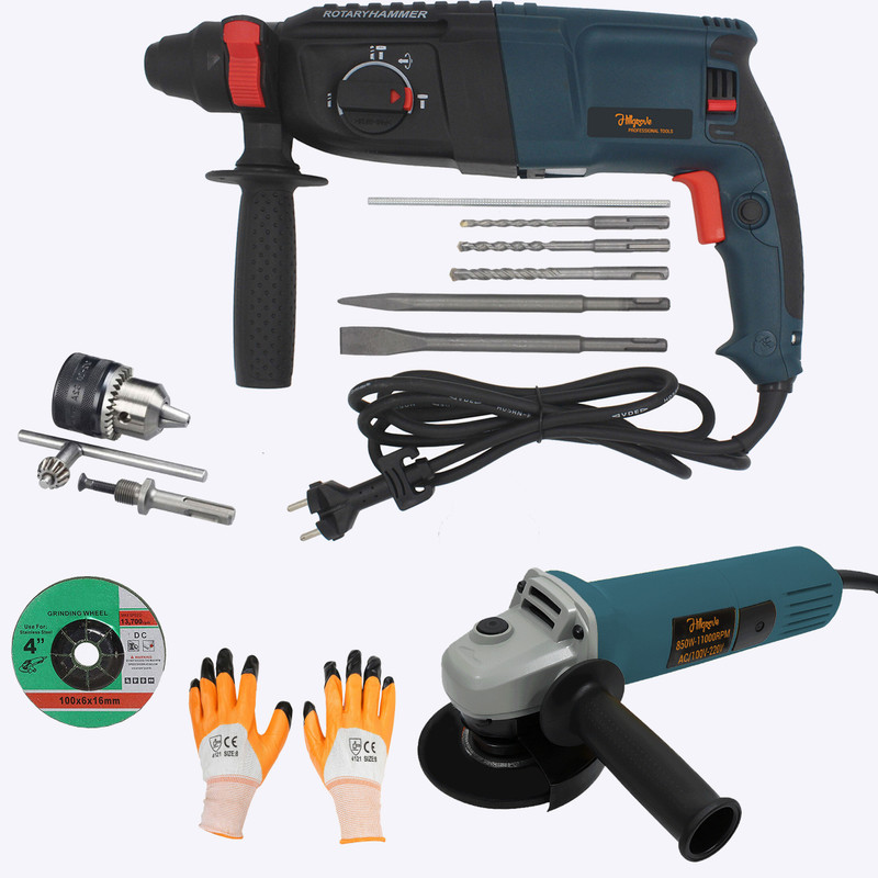 Hillgrove HGCM1365M1 1200W 100% Copper Winding 26mm Rotary Hammer Impact Gun Chipping HGCM1365M1 Hammering Drilling Breaker Drill Machine Kit Set with Angle Grinder Rotary Hammer Drill(26 mm Chuck Size, 1200 W)