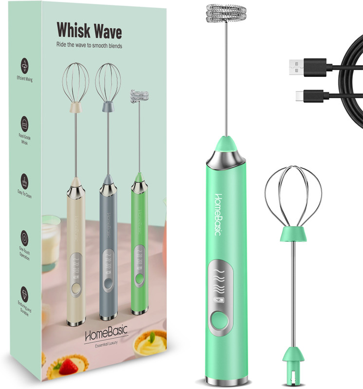 HOMEBASIC 50 W Green Hand Blender, Electric Whisk(3-Speed Electric Milk Frother – USB Rechargeable, Silent, Stainless Steel)