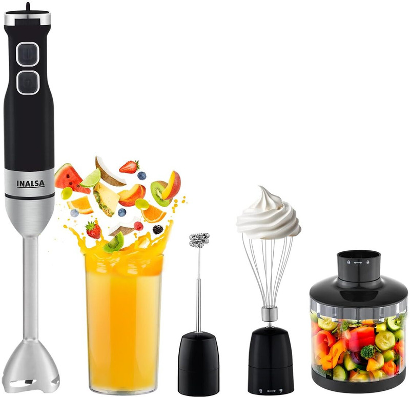 Inalsa 1350 W Black/Silver Hand Blender(Robot Inox 1350 Blend N Froth|1350W|600ML Chopper|500ML Jar|Whisking & Frothing)