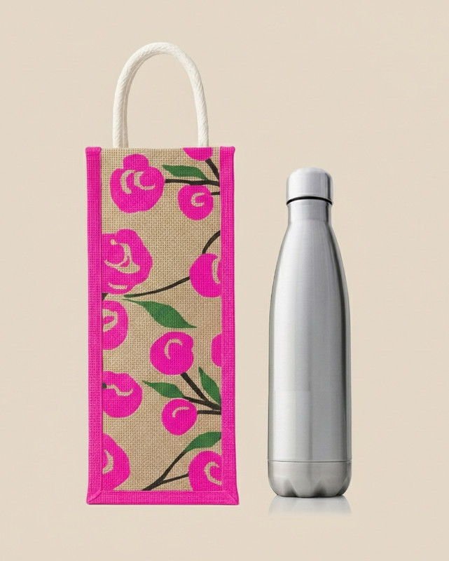dharvi enterprises Pink floral printed Jute 2 Litre Bottle Bag(Green)