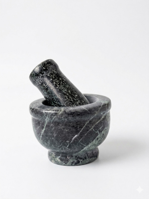 Palak Handicraft Natural Green Marble Mortar & Pestle | Stone Okhli Musal for Kitchen Use Hand Muller Grinder
