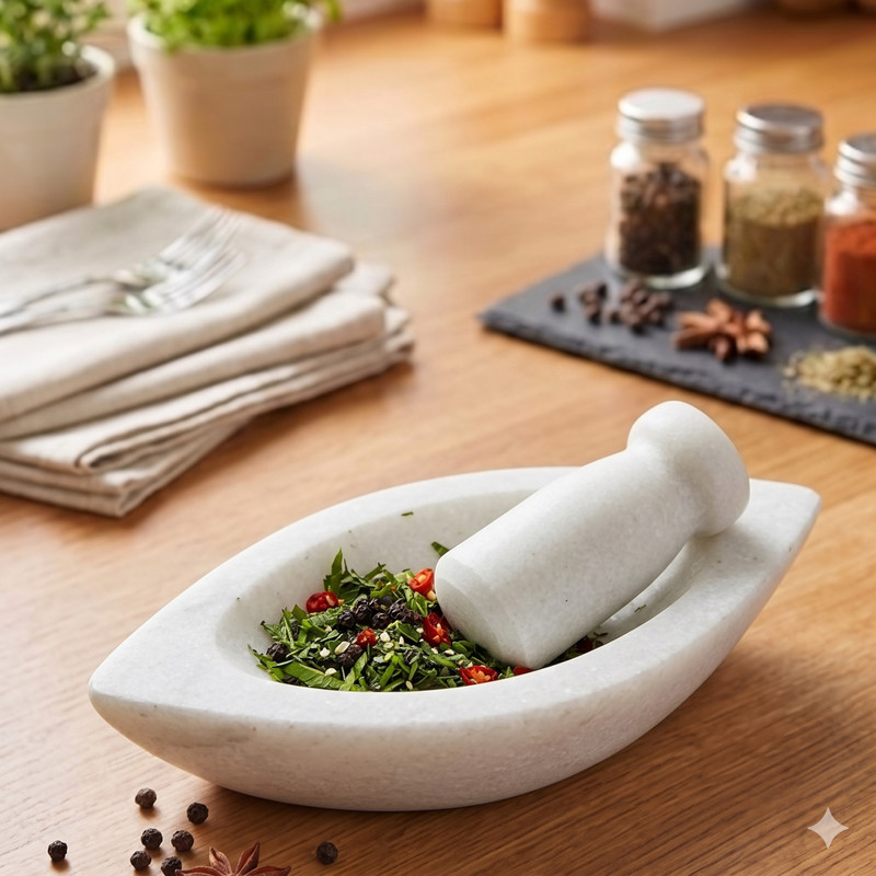 Palak Handicraft PH-White Marble Mortar and Pestle Set | Okhli Musal | Kharal Hand Muller Grinder