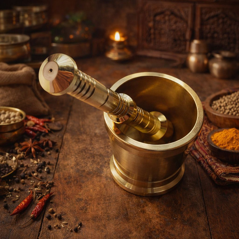 ANYRA'S TROVE Pure Brass Imam Dasta|Mortar and Pestle Set/Ohkli Musal(15 cm Height,7 cm) Hand Muller Grinder