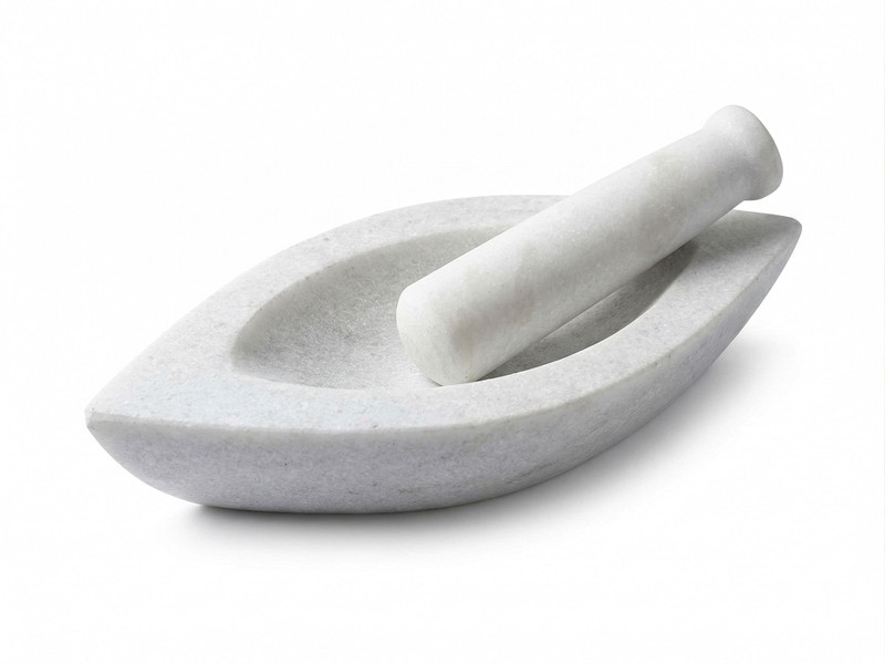 PVG White Marble Boat Shape, Medicine Herb Crusher/Imam Dasta/Mortar and Pestle Set Hand Muller Grinder