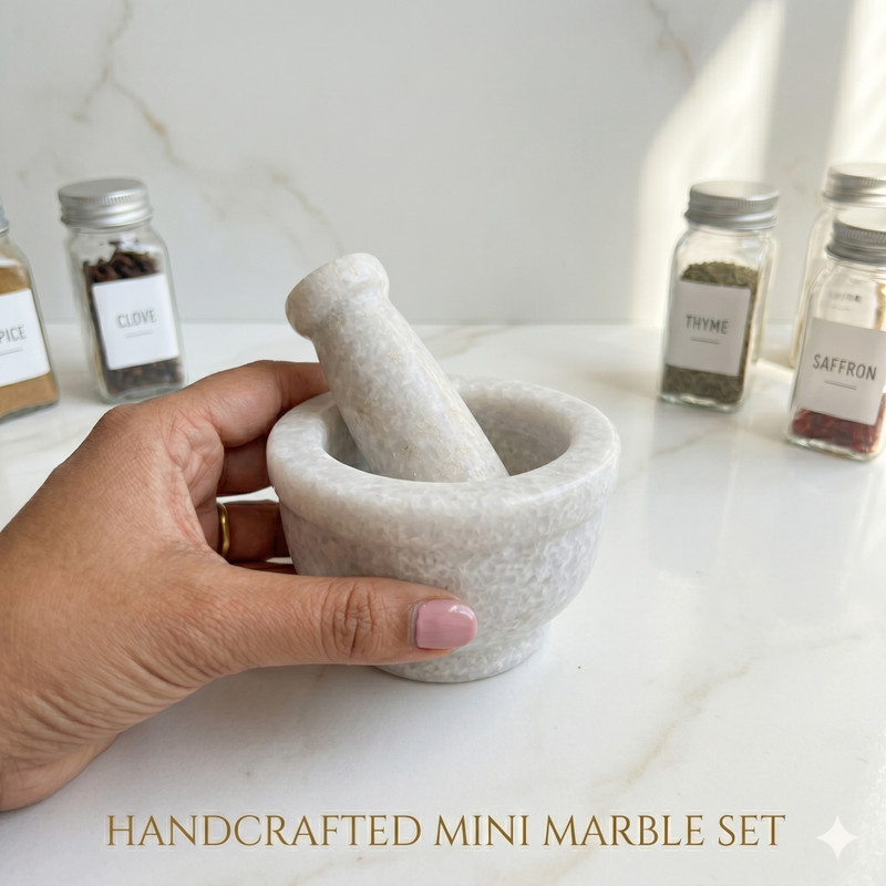 Palak Handicraft Pure White Marble Khalbatta Okhli Set For Kitchen Spice Grinding And Mashing Hand Muller Grinder
