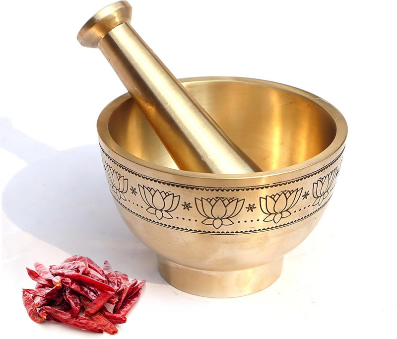 Pure Source (India) 4 inch Brass Mortar and Pestle, Ancient Brushed Lotus Embossed Okhli Metal Hand Muller Grinder