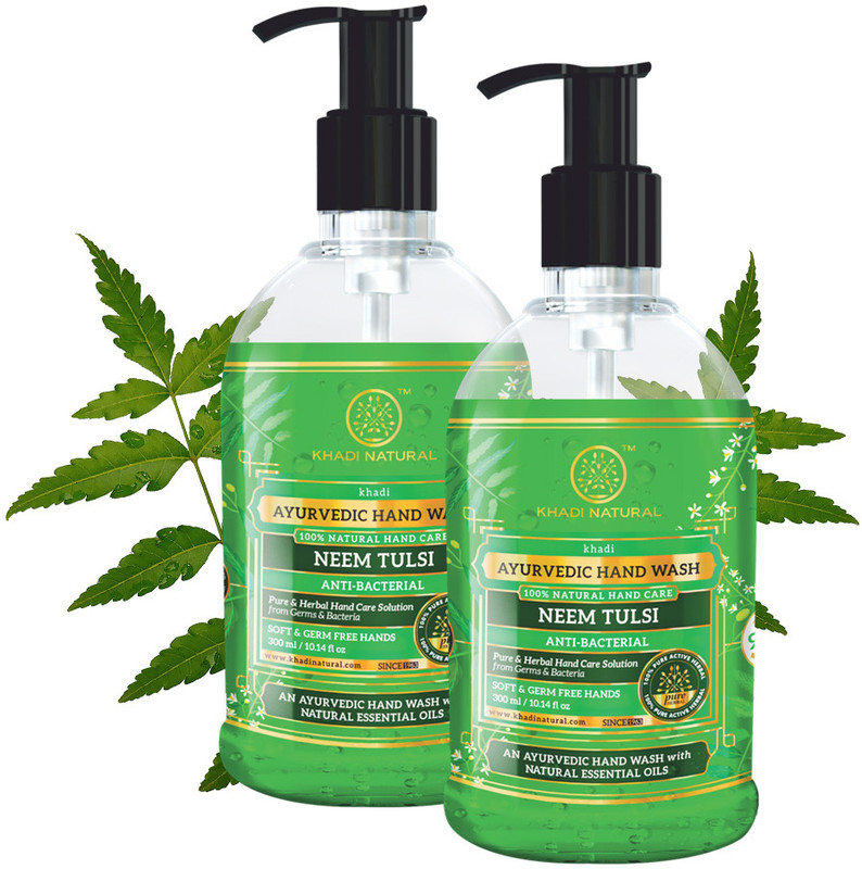 KHADI NATURAL Neem Tulsi Hand Wash with Dispenser|Pack of 2 Hand Wash Bottle + Dispenser(2 x 300 ml)