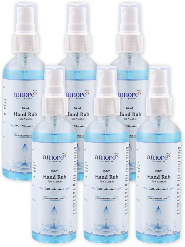 Amore Aqua Hand Rub Liquid Sanitizer Spray | Kills Germs | Keeps Hands Soft & Hygienic Hand Sanitizer Bottle + Refill(6 x 100 ml)