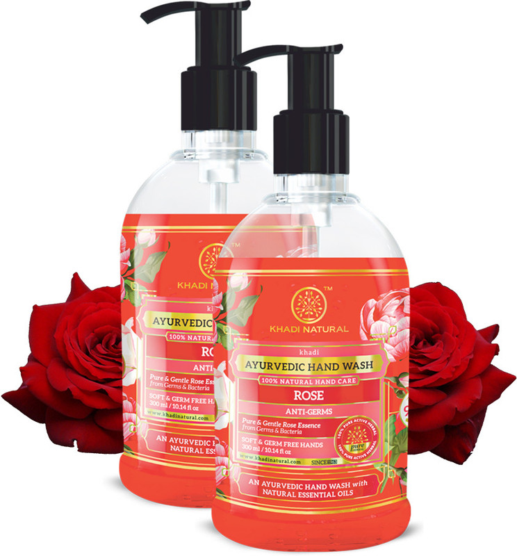 KHADI NATURAL Rose Hand Wash for Clean Germ Protection|Pack of 2 Hand Wash Bottle + Dispenser(2 x 300 ml)