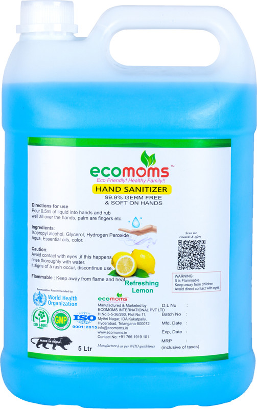 ecomoms  Liquid 5 litre 99.99% Effective Against Germs | Safe for Kids Hand Sanitizer Can(5 L)