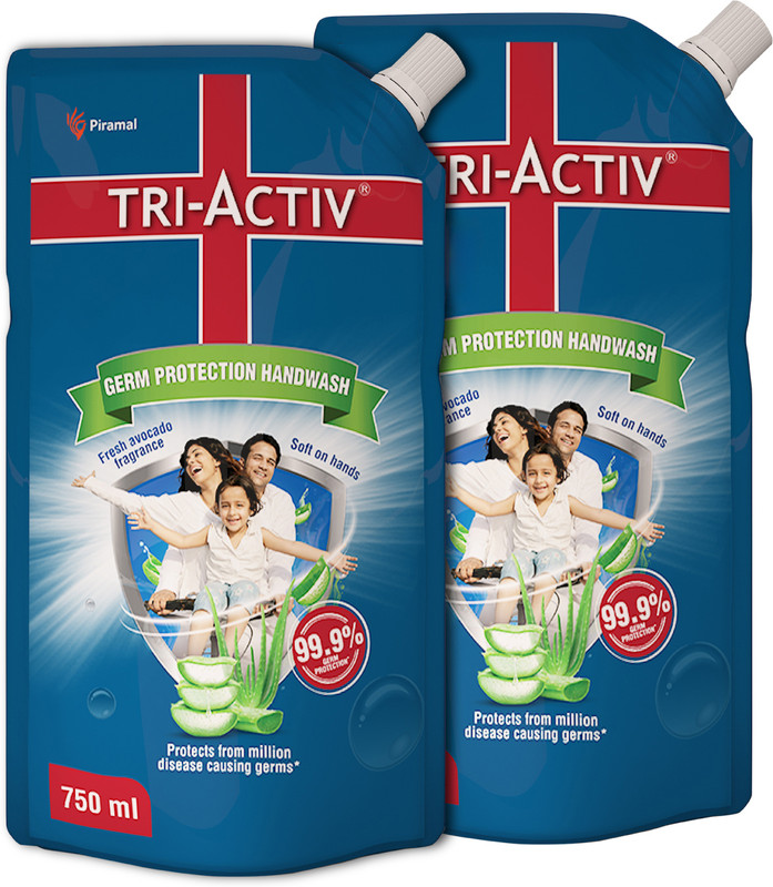Tri-Activ Germ Protection Handwash - Refill | Protects from 99.9% disease causing germs Hand Wash Pouch(2 x 750 ml)