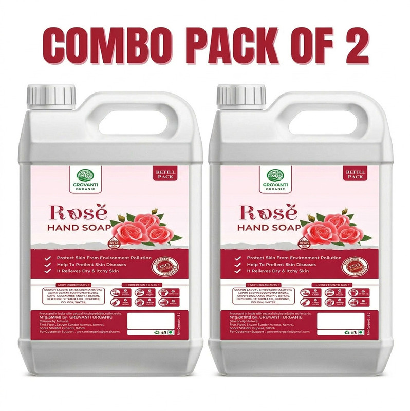 GROVANTI ORGANIC Liquid Handwash Refill 10l , Germs Protection,Moisturizing and Soft Skin - Rose Hand Wash Can(2 x 5 L)