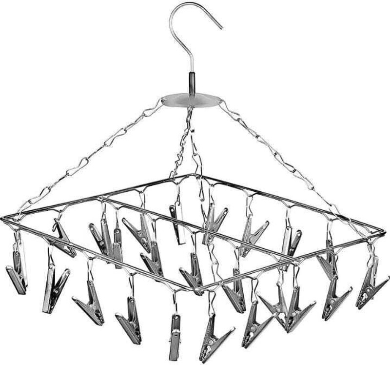 Ecom Home 25 Clips Stainless Steel Square Cloth Dryer/Hanger with Clips | Baby Door Hanger Steel Tie Hanger For  Tie(Silver)
