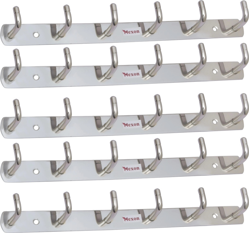 MEXON L Shape 6 Pin Hook Stainless Steel Bathroom Cloth Hooks / Hanger / Key Holder / Door Wall Robe Hooks Rail for Hanging Keys, Clothes, Towel Hook Rail Steel Steel Dress Pack of 5 Hangers For Dress(Steel)