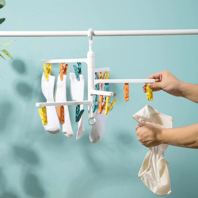Urbanware folding clip hanger with 15 Clips/Pegs Baby Clothes Hanger Stand,Cloth Drying Plastic Cloth Clips(Multicolor)