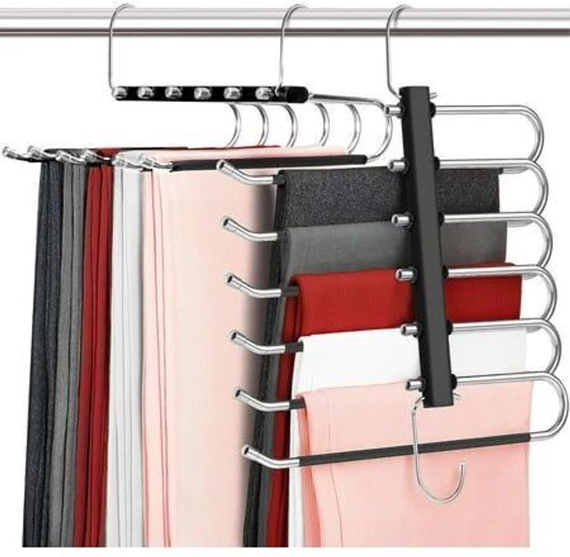 PURVAN Multipurpose Stainless Steel Cloths Foldable Hanger Space Saving (5 Layer) Steel Trousers Pack of 2 Hangers For  Trousers(Steel)
