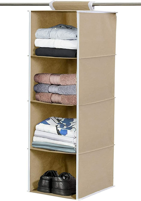 SV.ENTERPRISE Hanging Organizer 4 Shelves Non Woven Foldable Wardrobe Organizer 4 Shelves Non Woven Foldable Wardrobe/Closet Organizer PACK OF 1 Pc Beige Closet Organizer(Beige)