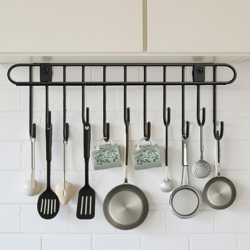 DXDT Utensil CUP HOLDER Rack with STEEL Kitchen utensil hanger for Wall 11 Hooks Carbon Steel Utility Rack