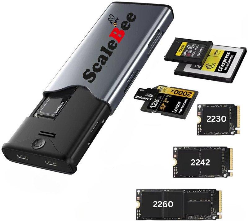 SCALEBEE All in One M.2 NVMe SATA SSD Enclosure Case With CFexpress Type A/B Card Reader 2.5 inch Shock Resistant Portable SSD NVME Enclosure With Multi Card Reader(For NVMe SSD, CFexpress Type A/B Card, SDHC / MicroSD, Grey)