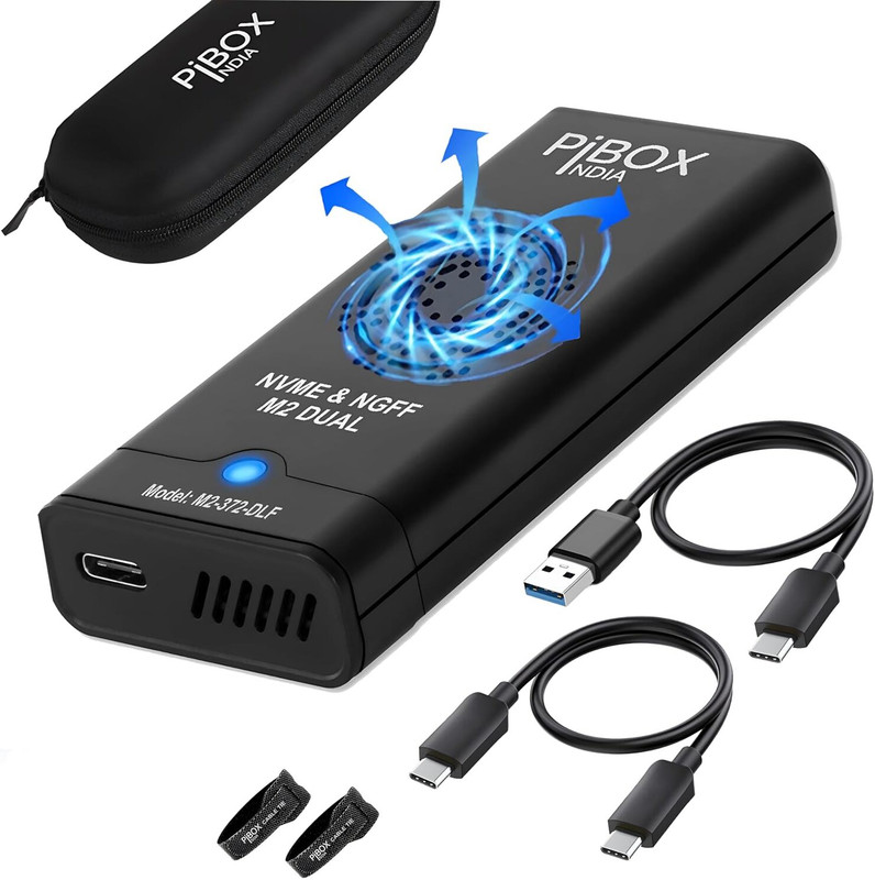 pibox india *M2-372-DLF* NVME/NGFF SATA Dual M.2 Enclosure USB 3.2 10Gbps,Tool-Free M.2 NVMe/NGFF SATA Case, PCI-E NVMe to USB-C Enclosure (For M, B&M Keys 2230/2242/2260/2280,(M2-372-DLF-Black)