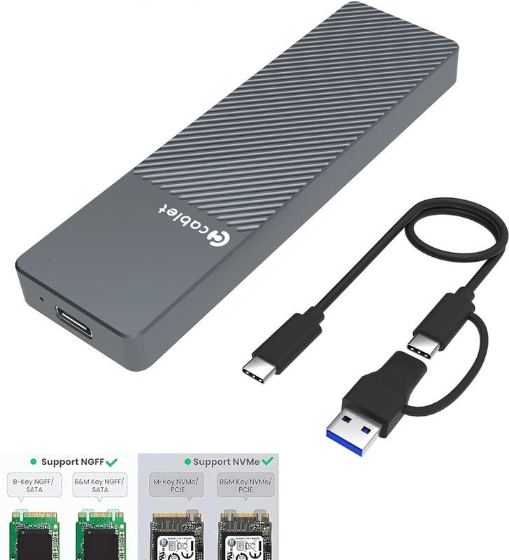 Cablet M.2 NVMe/NGFF SSD Enclosure USB 3.1 Gen2 10Gbps (SSD Not Included) 2.5 inch M.2 NVMe/NGFF SSD Enclosure(For NVMe, Black)
