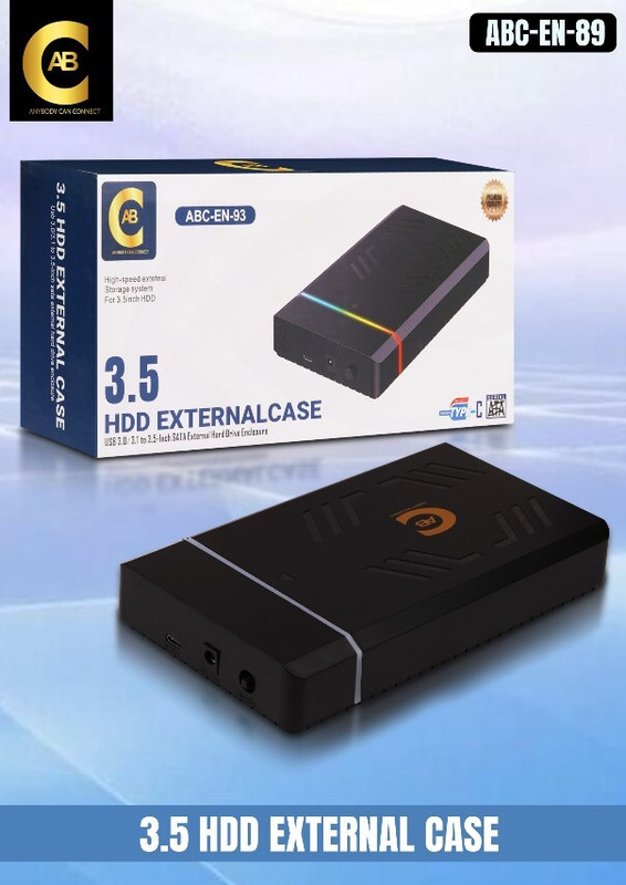 ABC EN-89 USB-C RGB 3.5-Inch SATA External Hard Drive Enclosure 3.5 inch Type-C(For External Hard Drive Enclosure for 2.5''/3.5'' SATA HDD and SSD., with 12V/2A Power Adapter Black)