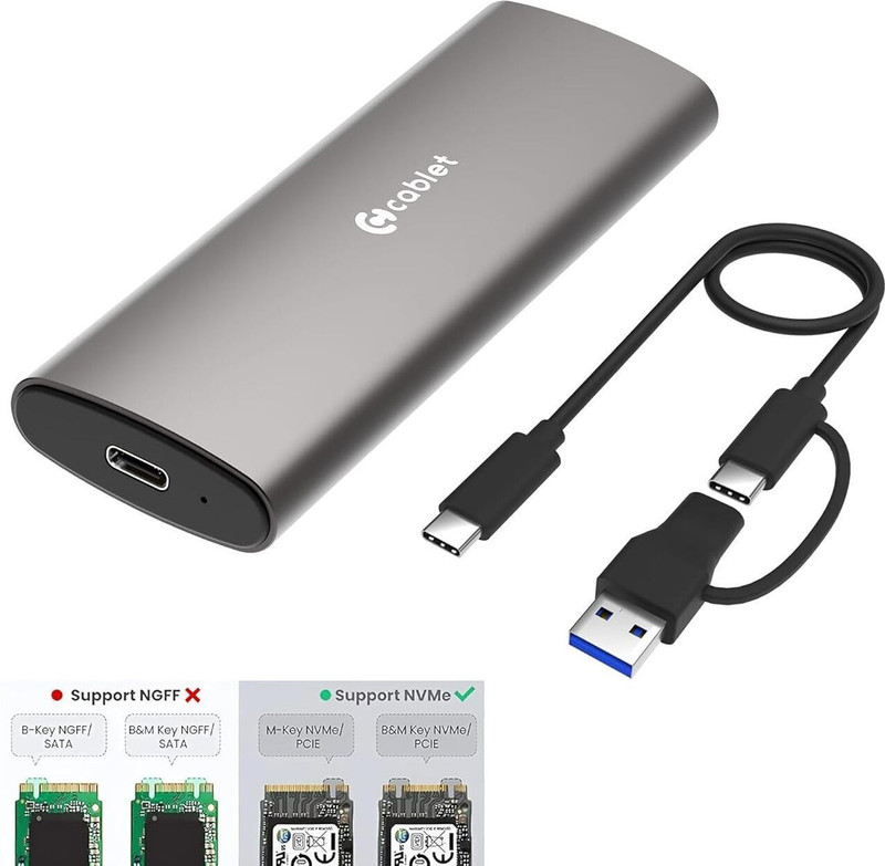 Cablet M.2 NVMe SSD Enclosure USB3.2 Gen2 10Gbps for 2230/2242/2260/2280 M-Key PCIe SSD 2.5 inch M.2 NVMe SSD Enclosure(For M.2 NVMe SSD Enclosure, Space Grey)