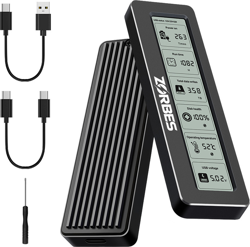Zorbes M2 NVME SSD Enclosure with LCD Display Support SATA NGFF and PCIe 3.5 inch Shock Resistant Internal Hard Drive Enclosure(For Serial ATA, PCIe NVMe, SATA NGFF, Black)