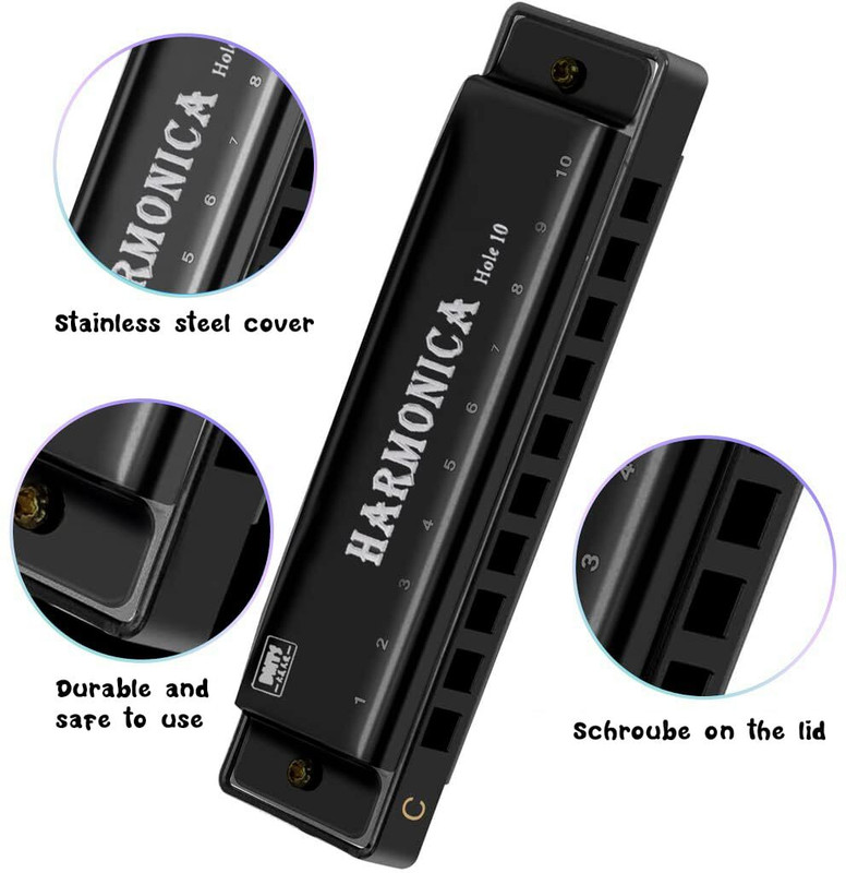 KAVRUL Harmonica Mouth Organ Musical Instrument Titanium Copper Core(BLACK)
