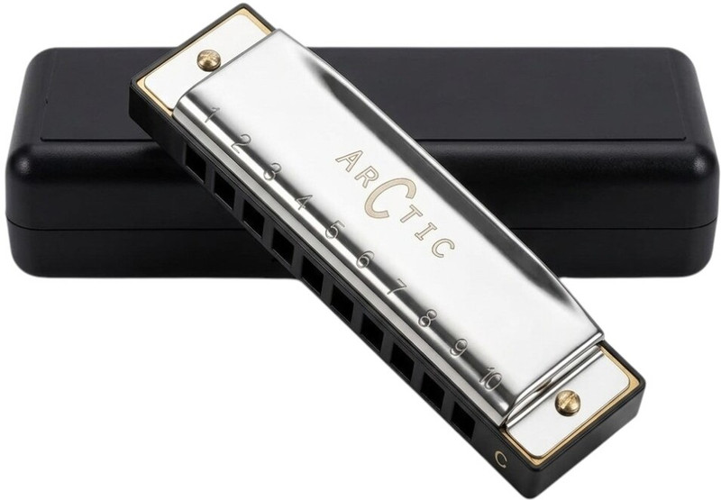 Arctic 10-Hole Diatonic Harmonica (Key of C) with Hard Case | AR-HA-10(Silver)