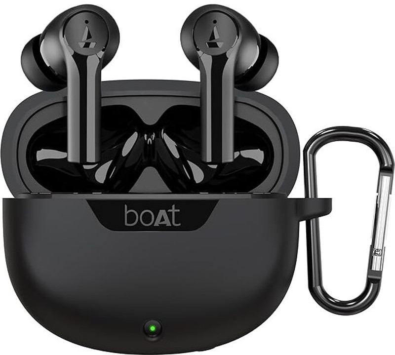 sounce Silicone Press and Release Headphone Case For Boat Airdopes 300 Premium TWS(Portable Protective Case Cover for Boat Airdopes 300 Premium with Carbiner,Black)