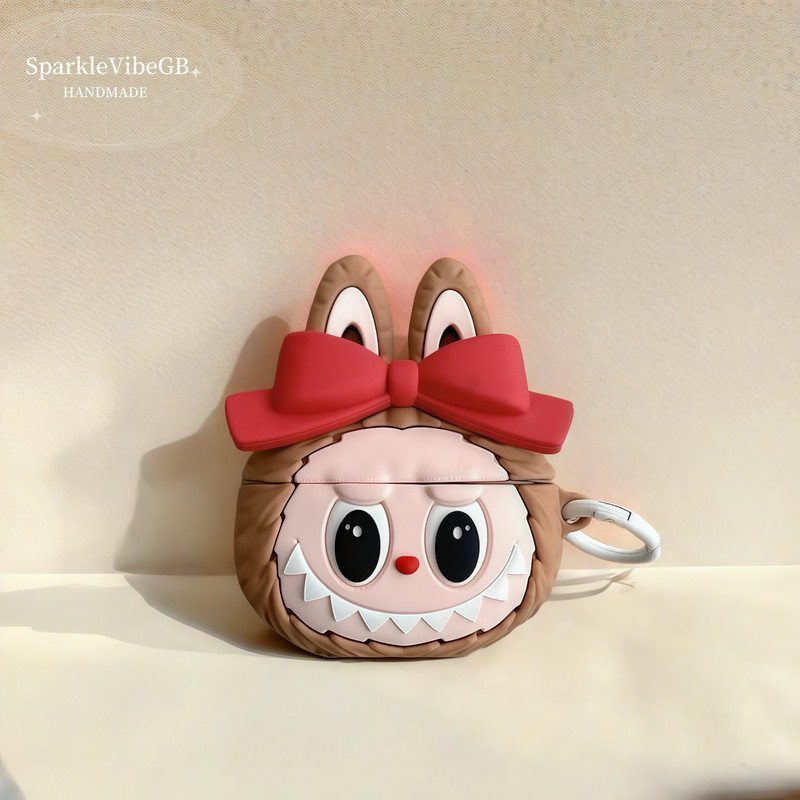 YSTIFYRA Silicone Latch Earbuds Case For Apple Airpods Pro 2nd Generation / 1st Generation with Carabiner (Red Bow Labubu(Brown) Case Cover (एयरपॉड्स / ईयरबड्स इसमें शामिल नहीं है ये केवल केस कवर हैI)