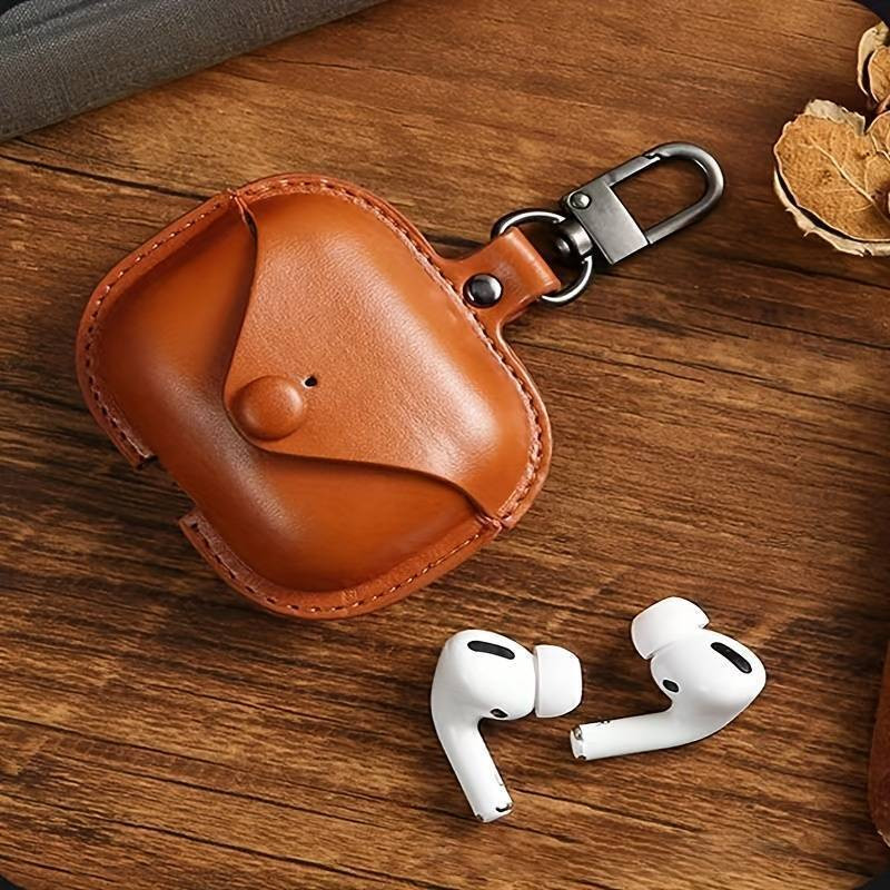 RPMSD Leather Press Stud Earbuds Case For Apple Airpods Pro 1st Generation(brown)