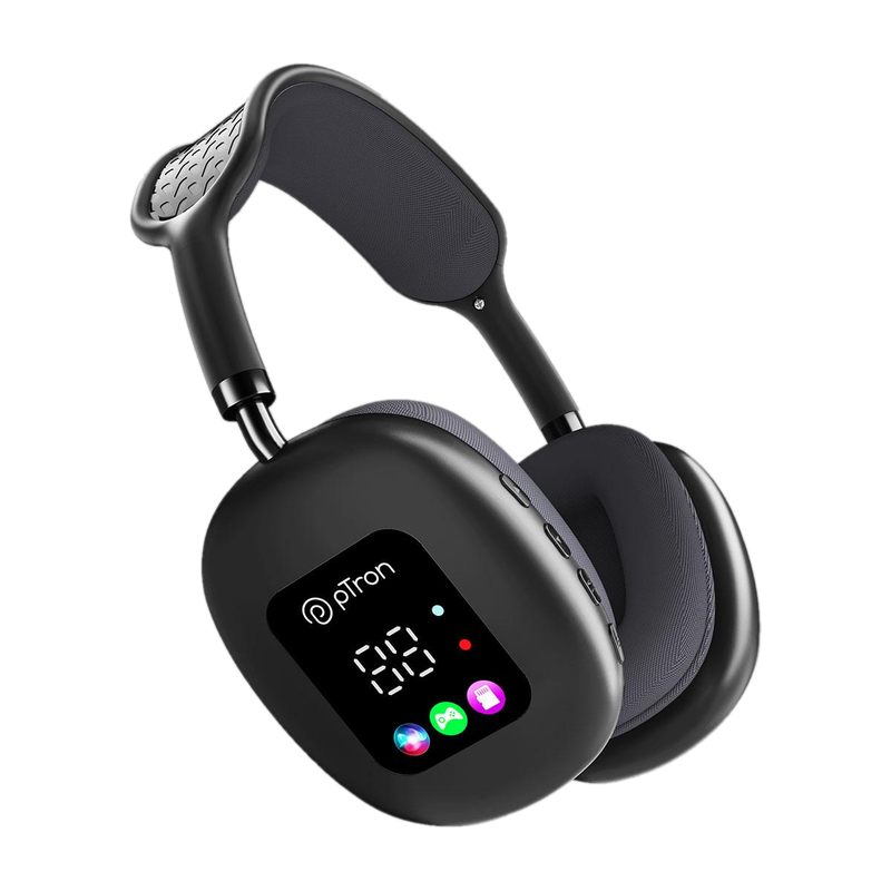 PTron Studio Pixel w/ Dual-Device Pairing, 70hrs Playtime, AI-ENC Calls, RGB Display Bluetooth & Wired(Jet Black, On the Ear)