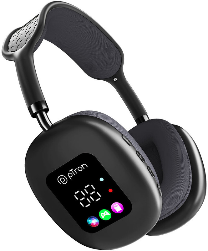 PTron Studio Pixel w/ 70hrs Playtime, AI-ENC Calls, 40mm Drivers, RGB Display, BTv5.3 Bluetooth & Wired(Jet Black, On the Ear)