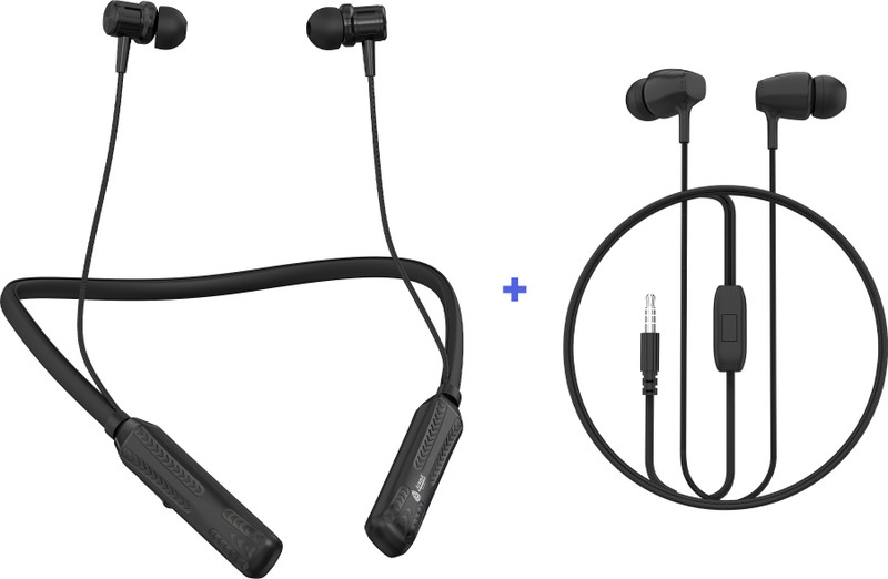 Aroma Combo 42 NB124 Avenger 100H* Neckband + HF510 3.5mm Wired Earphone With Mic Bluetooth(Midnight Black and Matte Black, In the Ear)