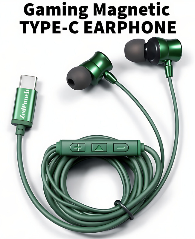 ZedPunch Gaming Type-C Wired Magnetic Earphones With Mic & 3 Button Control USB-C Devices Wired Gaming(Green, In the Ear)