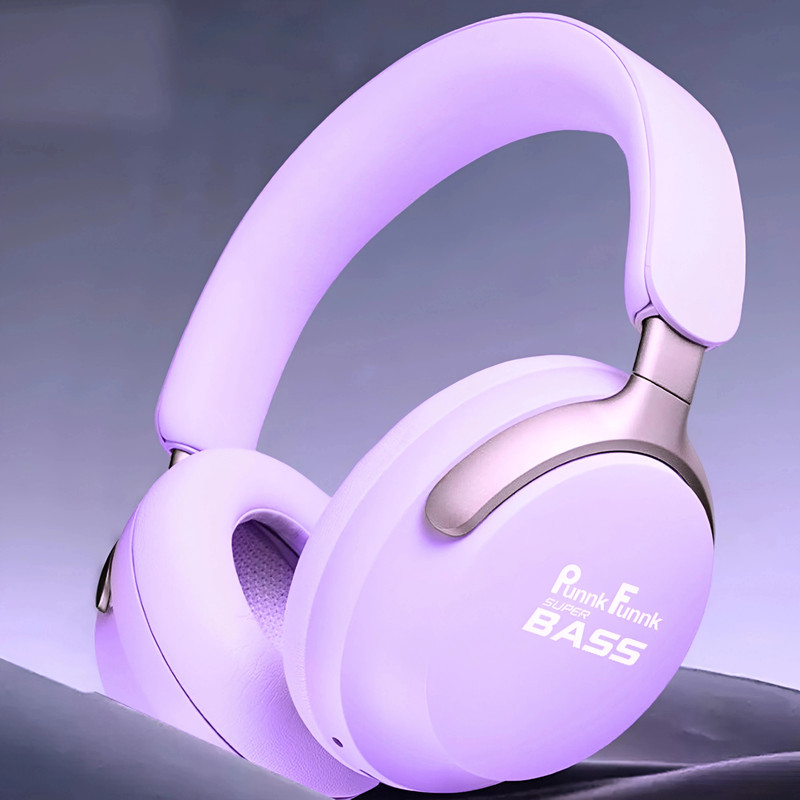 PunnkFunnk Super Bass with 48Hrs Playtime, Low Latency (up to 40ms), Dual Pairing, Wireless Bluetooth(Purple, On the Ear)