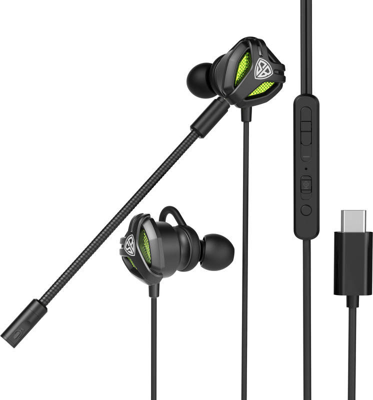 SpinBot BattleBudz C10 Type-C Gaming Earphones with Boom Mic Wired Gaming(Black, Green, In the Ear)