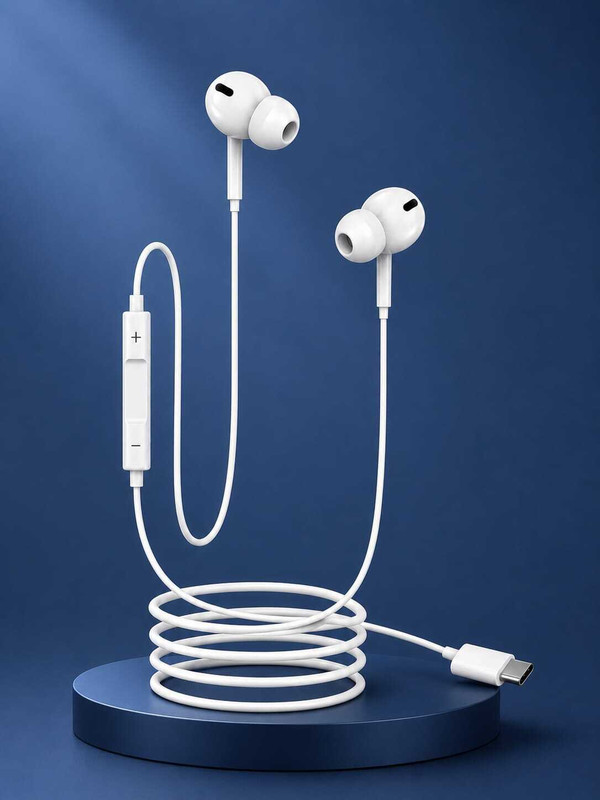 FLEXXGO Type-C Wired Earphones with Mic, Volume Control, Deep Bass Stereo Earbuds White Wired(White, On the Ear)