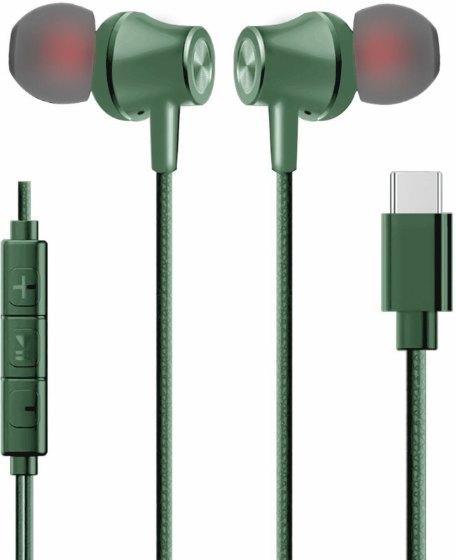 PRODART Type C Earphone Dolby Bass Sound With Active Noise Cancellation Mic Wired(Green, In the Ear)