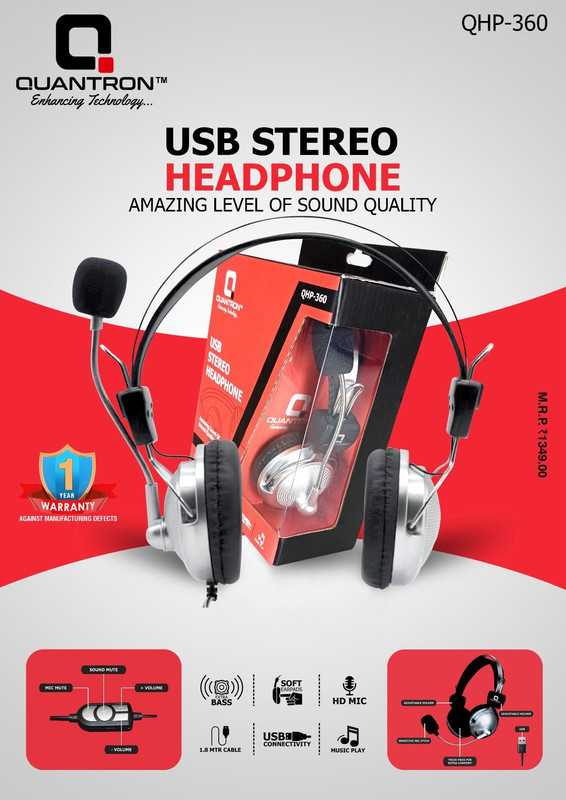 Quantron QHP-360 USB STEREO HEADPHONE ( AMAZING LEVEL OF SOUND QUALITY ). Wired(BLACK AND WHITE, On the Ear)
