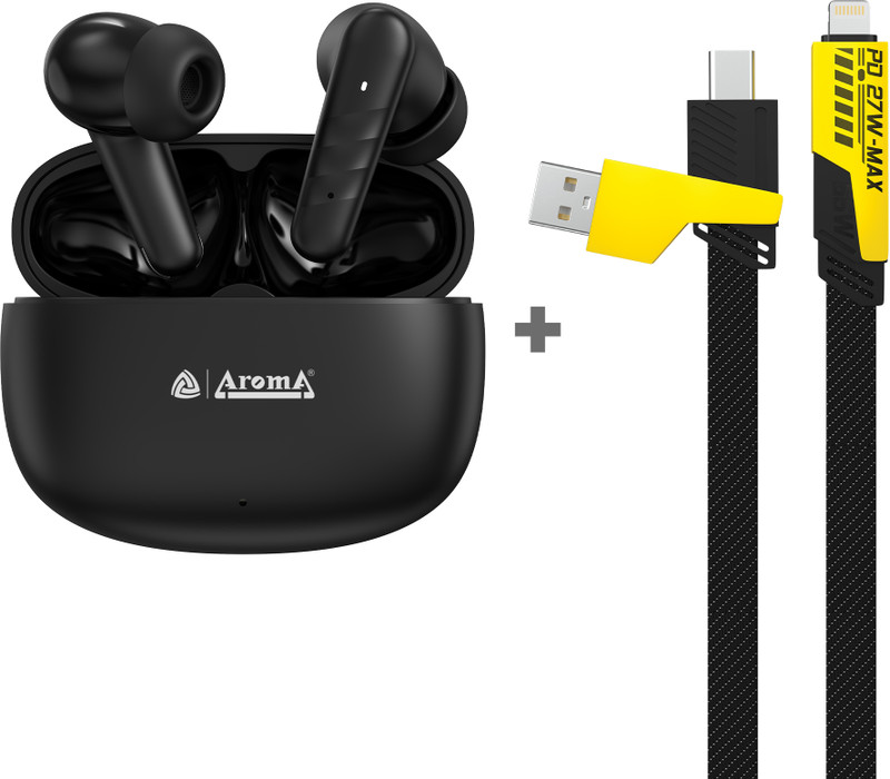 Aroma Combo 10 - NB126 Berry Upto 60H* TWS + UC720, 4in1 65W Fast Charging Cable Bluetooth(Graphite Black and Yellow, True Wireless)