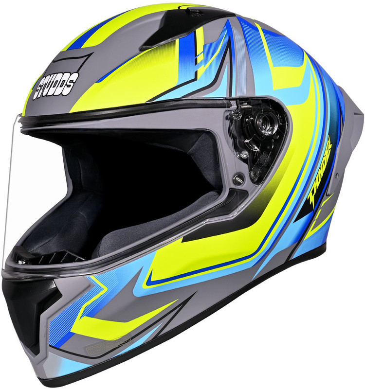 STUDDS Thunder Flash Full Face ISI & DOT Certified Helmet with Spoiler and Clear Visor Motorbike Helmet(MATT GREY - BLUE)